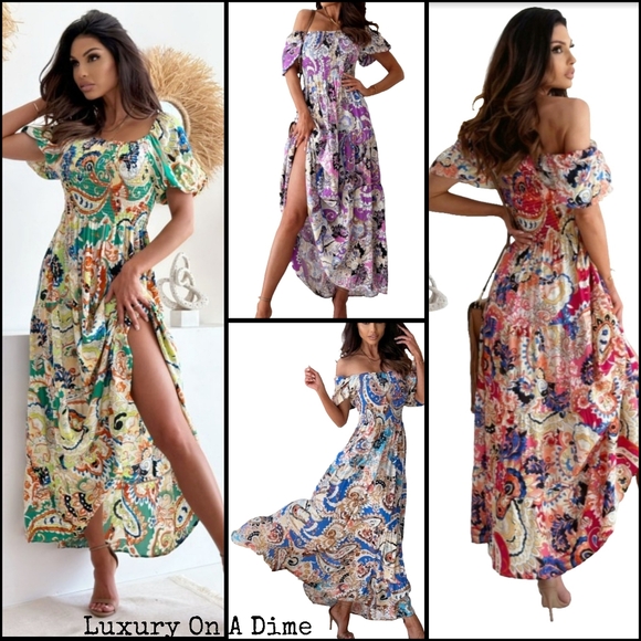 Retro Paisley Floral Smocked Bodice Tiered Colorful Summer Boho Maxi Dress - Picture 14 of 14